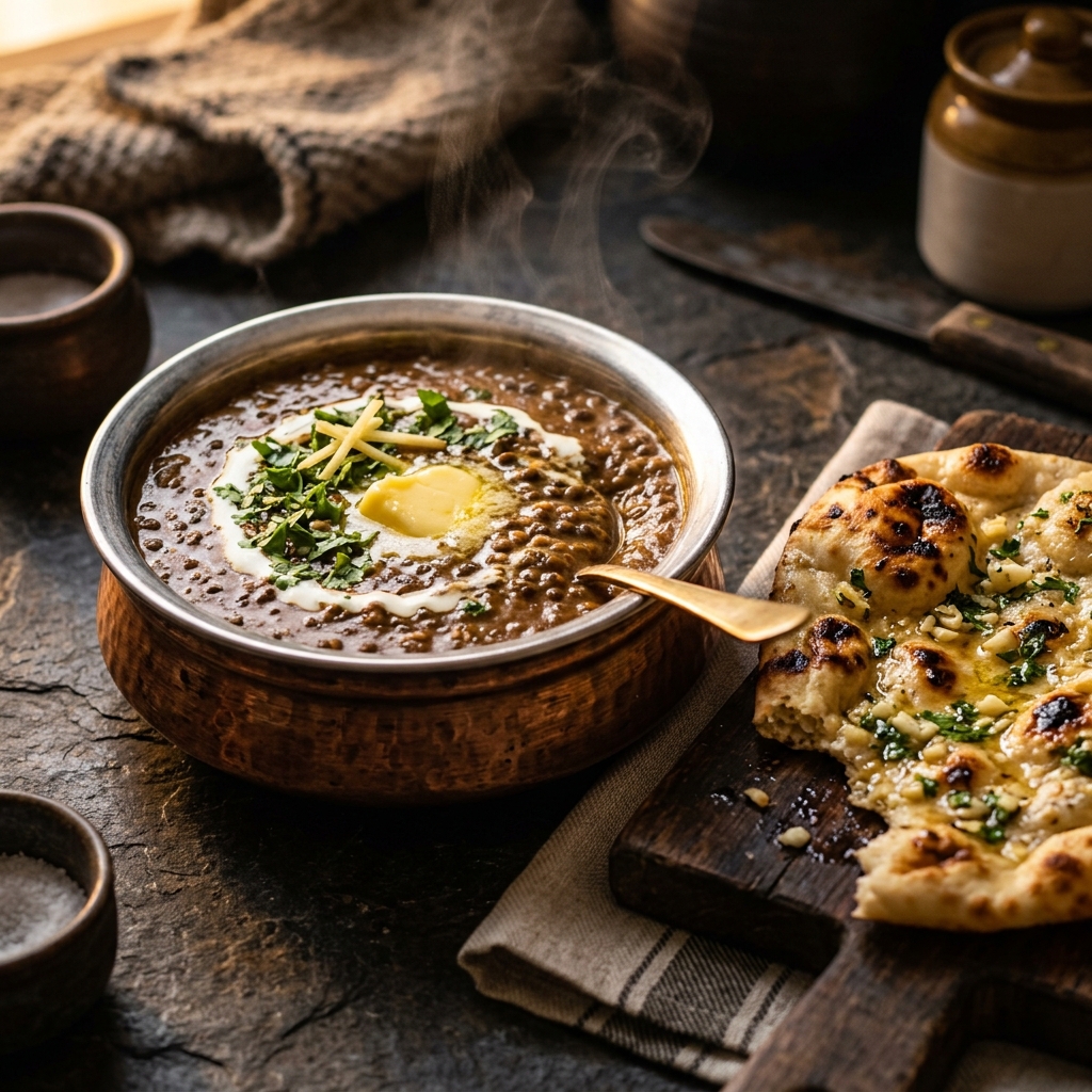 Traditional Dal Bukhara in a copper bowl with tandoori naan